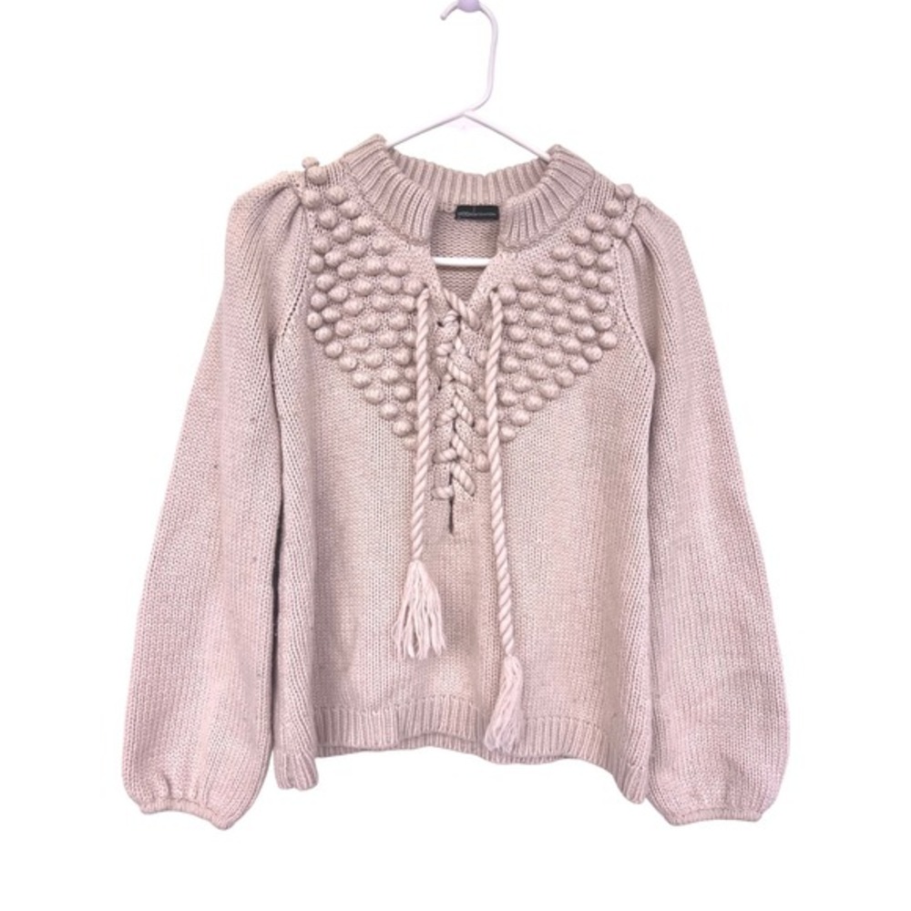Moda‎ International Beige Bobble Tassels Sweater Puff Sleeve wool blendWomen's S